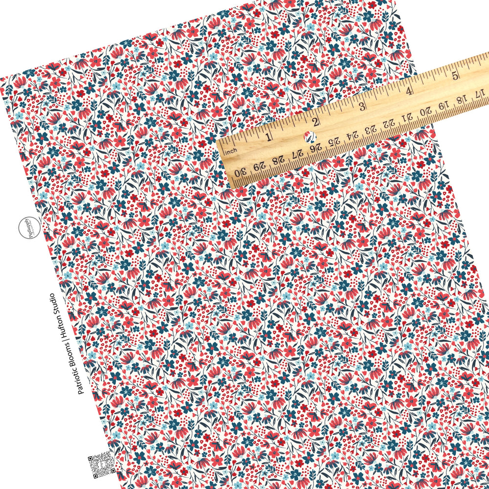 These 4th of July faux leather sheets contain the following design elements: patriotic red and blue flowers on cream. Our CPSIA compliant faux leather sheets or rolls can be used for all types of crafting projects.