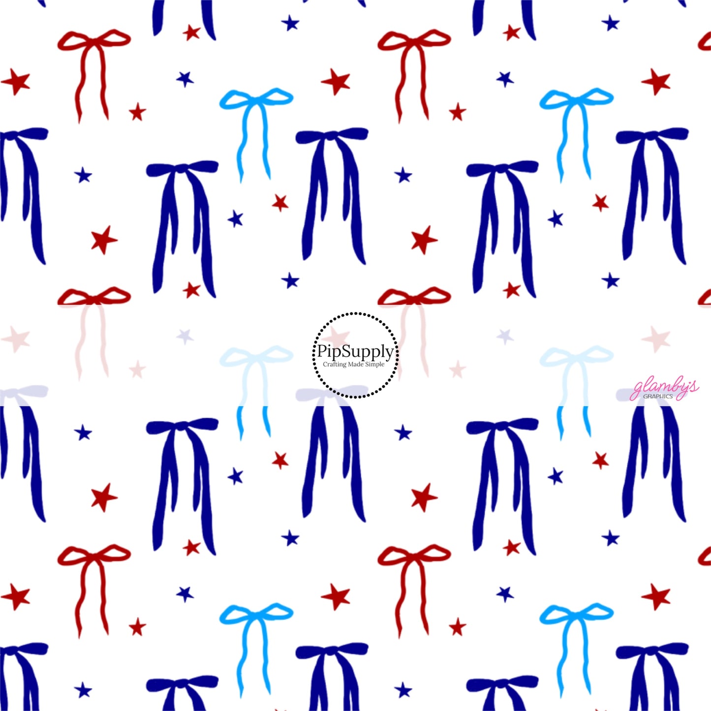 These 4th of July themed no sew bow strips can be easily tied and attached to a clip for a finished hair bow. These patterned bow strips are great for personal use or to sell. These bow strips features red and blue bows surrounded by tiny stars on white.