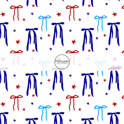 These 4th of July themed no sew bow strips can be easily tied and attached to a clip for a finished hair bow. These patterned bow strips are great for personal use or to sell. These bow strips features red and blue bows surrounded by tiny stars on white.