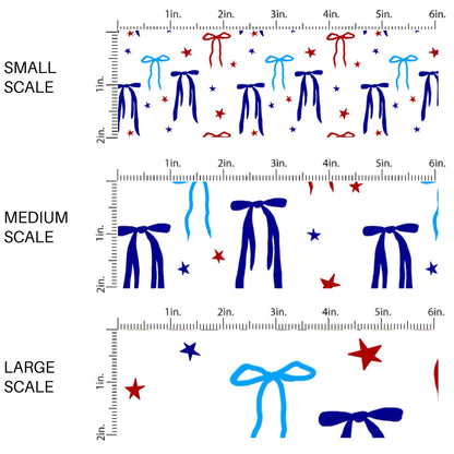 This scale chart of small scale, medium scale, and large scale of this 4th of July fabric by the yard features red and blue bows surrounded by tiny stars on white. This fun patriotic themed fabric can be used for all your sewing and crafting needs!