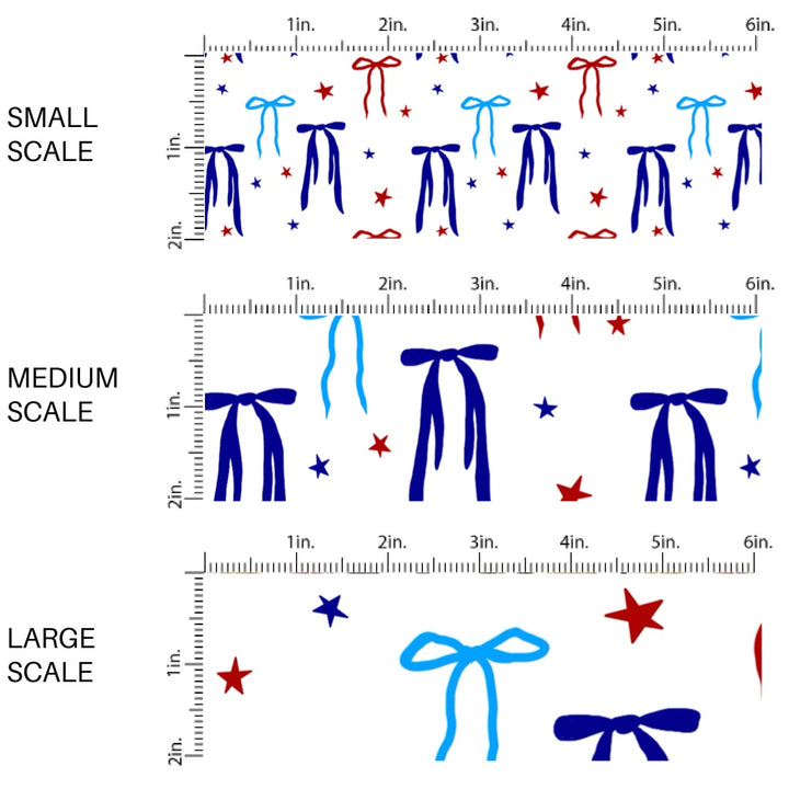 This scale chart of small scale, medium scale, and large scale of this 4th of July fabric by the yard features red and blue bows surrounded by tiny stars on white. This fun patriotic themed fabric can be used for all your sewing and crafting needs!