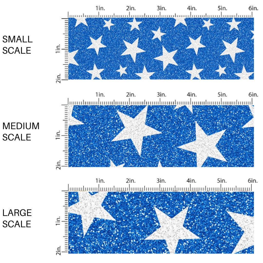 This scale chart of small scale, medium scale, and large scale of this 4th of July fabric by the yard features patriotic white stars on blue. This pattern has a glitter appearance. This fun patriotic themed fabric can be used for all your sewing and crafting needs!