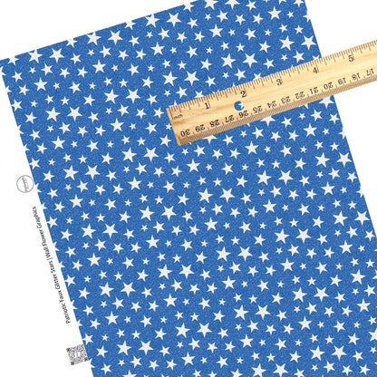 These 4th of July faux leather sheets contain the following design elements: patriotic white stars on blue. This pattern has a glitter appearance. Our CPSIA compliant faux leather sheets or rolls can be used for all types of crafting projects.