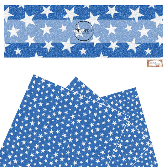 These 4th of July faux leather sheets contain the following design elements: patriotic white stars on blue. This pattern has a glitter appearance. Our CPSIA compliant faux leather sheets or rolls can be used for all types of crafting projects.