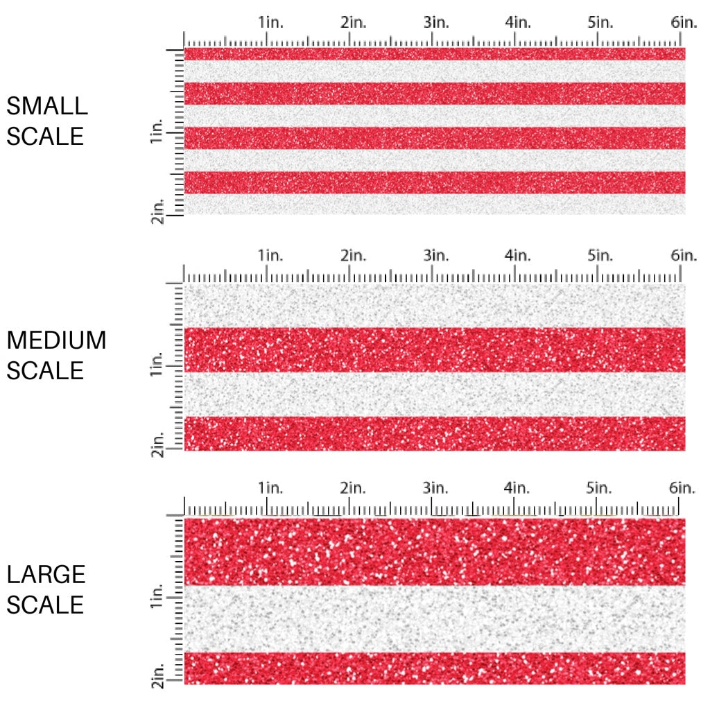 This scale chart of small scale, medium scale, and large scale of this 4th of July fabric by the yard features patriotic white and red stripes. This pattern has a glitter appearance. This fun patriotic themed fabric can be used for all your sewing and crafting needs!