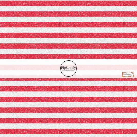 This 4th of July fabric by the yard features patriotic white and red stripes. This pattern has a glitter appearance. This fun patriotic themed fabric can be used for all your sewing and crafting needs!