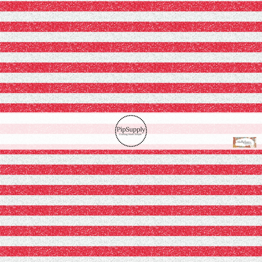 This 4th of July fabric by the yard features patriotic white and red stripes. This pattern has a glitter appearance. This fun patriotic themed fabric can be used for all your sewing and crafting needs!