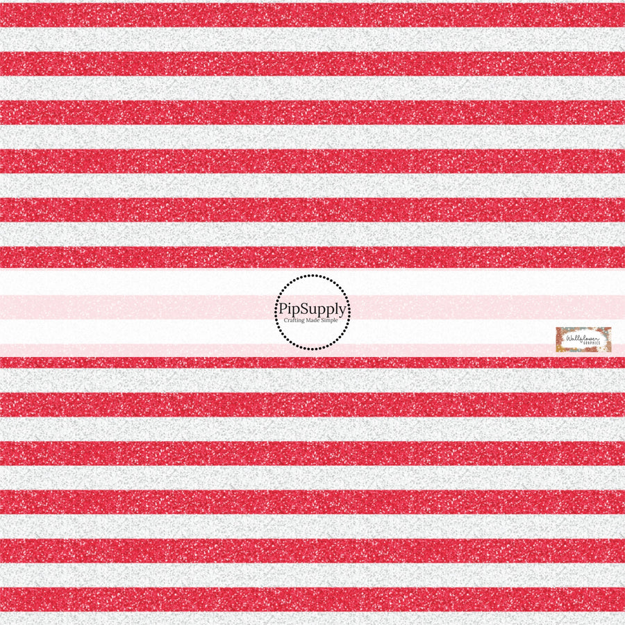 This 4th of July fabric by the yard features patriotic white and red stripes. This pattern has a glitter appearance. This fun patriotic themed fabric can be used for all your sewing and crafting needs!