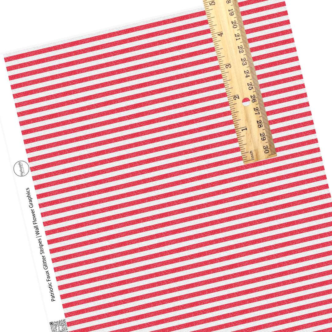 These 4th of July faux leather sheets contain the following design elements: patriotic white and red stripes. This pattern has a glitter appearance. Our CPSIA compliant faux leather sheets or rolls can be used for all types of crafting projects.