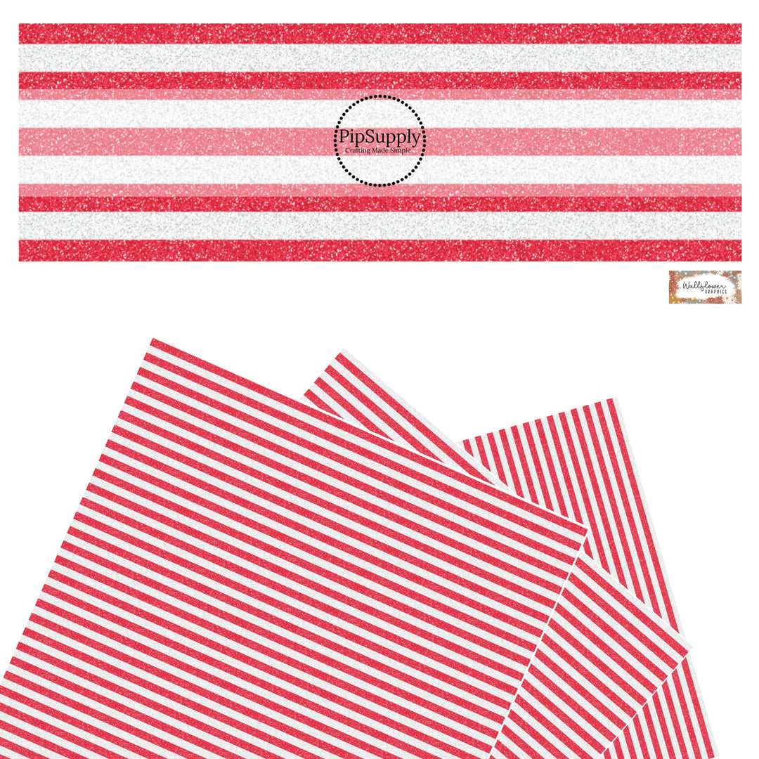 These 4th of July faux leather sheets contain the following design elements: patriotic white and red stripes. This pattern has a glitter appearance. Our CPSIA compliant faux leather sheets or rolls can be used for all types of crafting projects.