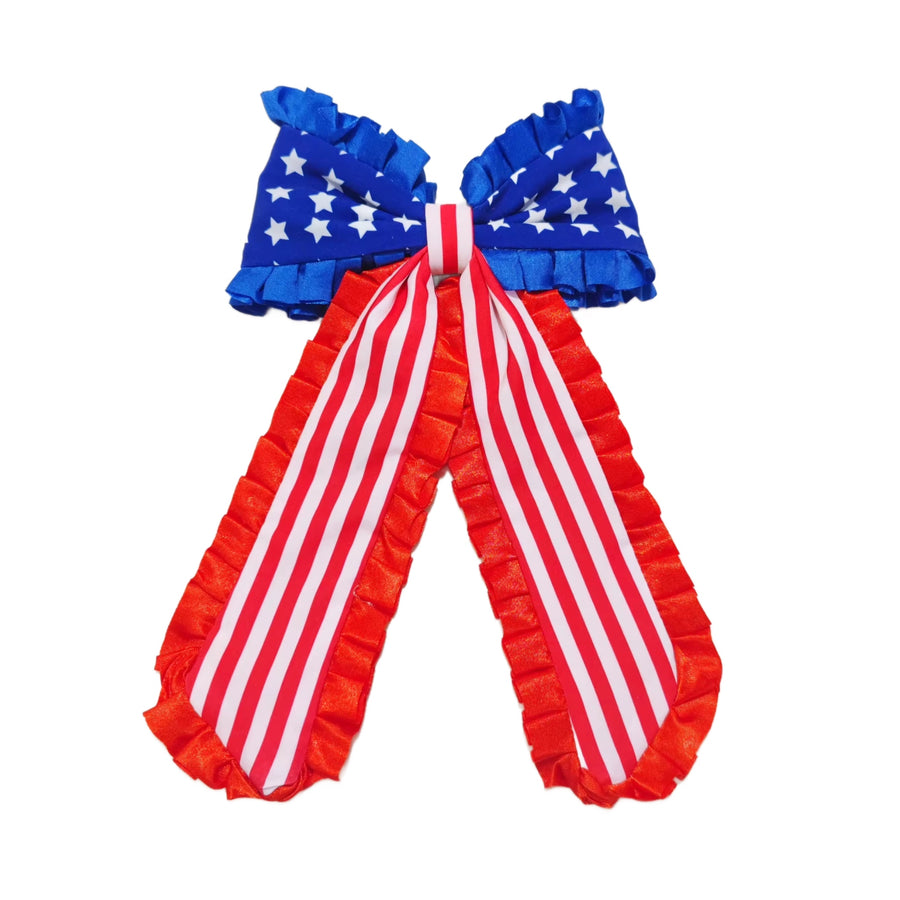 These patriotic ribbon edge long tail pre-cut tied bows are ready to package and resell to your customers no sewing or measuring necessary! These hair bows come with a clip already attached.