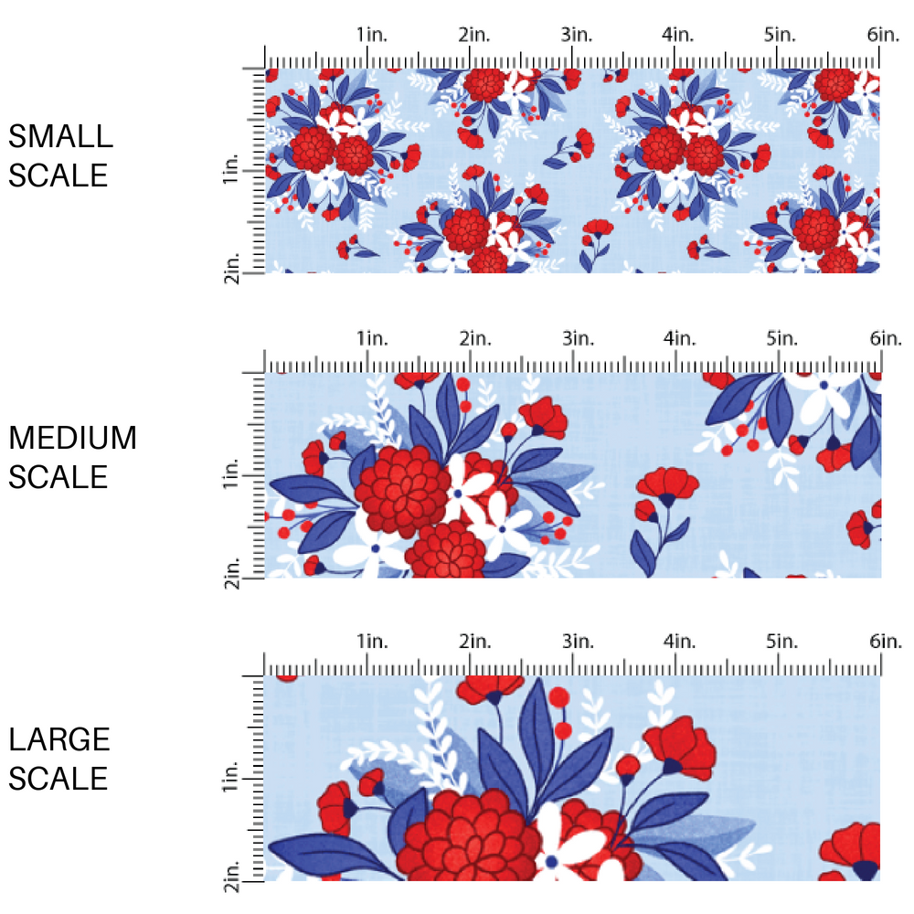 This scale chart with small scale, medium scale, and large scale of these red, white, and blue floral bouquets on light blue fabric by the yard features white, royal blue, and red beautiful flowers and leaves.