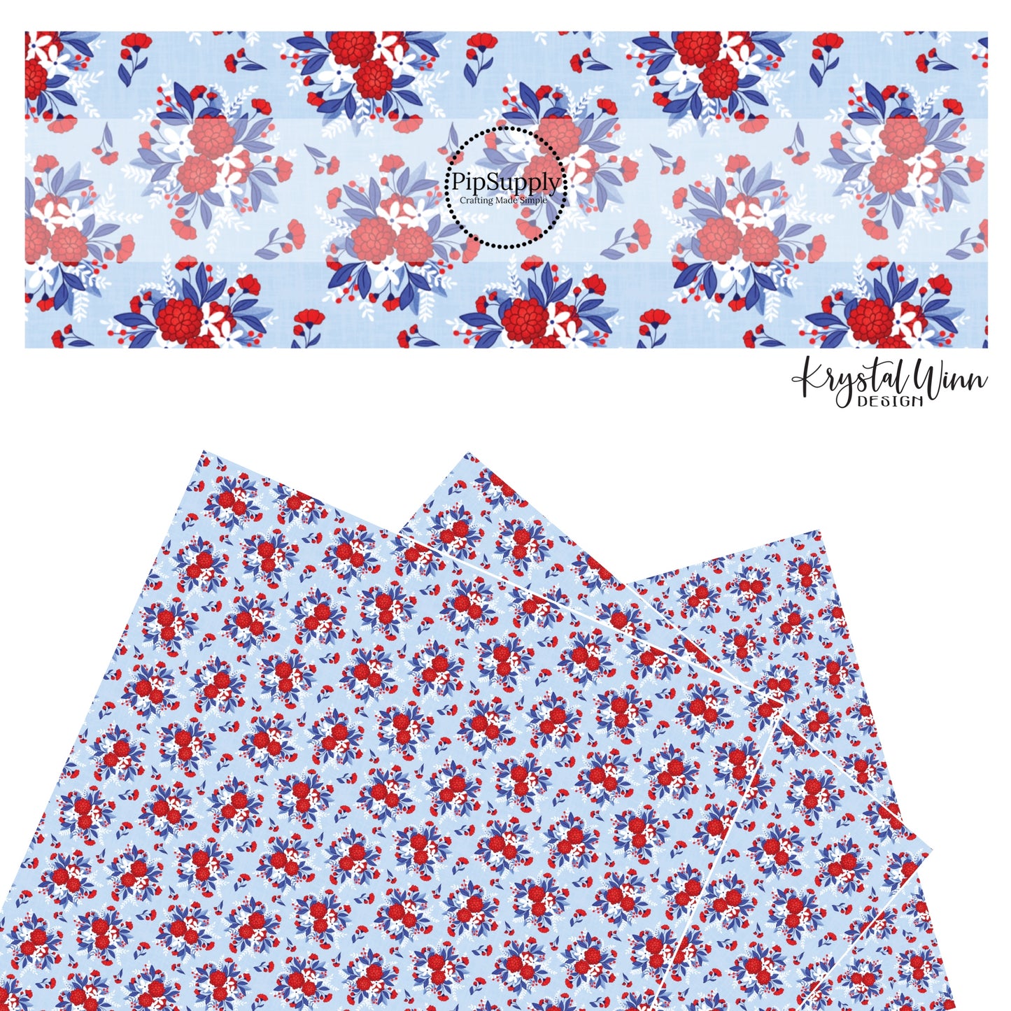 These red, white, and blue floral bouquets on light blue faux leather sheets contain the following design elements: flowers in the colors of royal blue, red, and white.