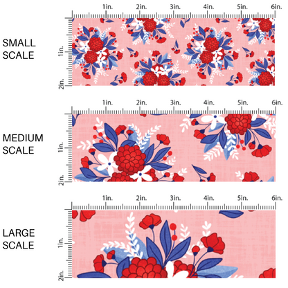 This scale chart with small scale, medium scale, and large scale of these red, white, and blue floral bouquets on light pink fabric by the yard features white, royal blue, and red beautiful flowers and leaves.
