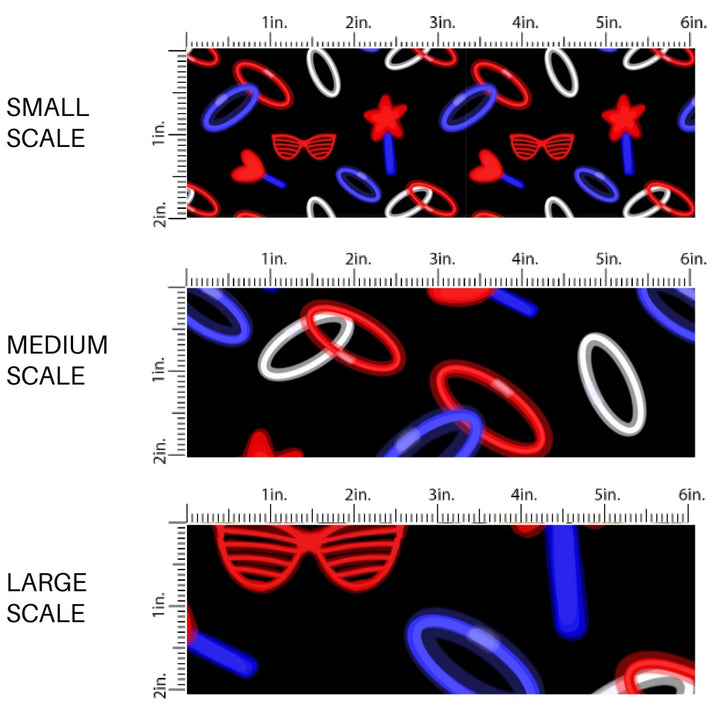 This scale chart of small scale, medium scale, and large scale of this 4th of July fabric by the yard features red, white, and blue glow sticks on black. This fun patriotic themed fabric can be used for all your sewing and crafting needs!