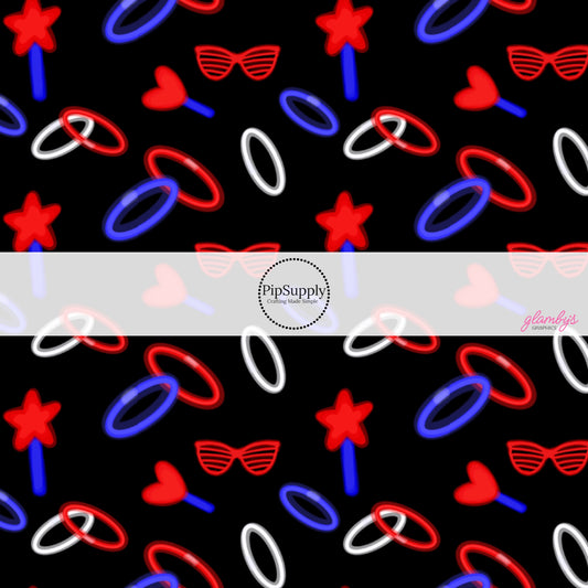 This 4th of July fabric by the yard features red, white, and blue glow sticks on black. This fun patriotic themed fabric can be used for all your sewing and crafting needs!
