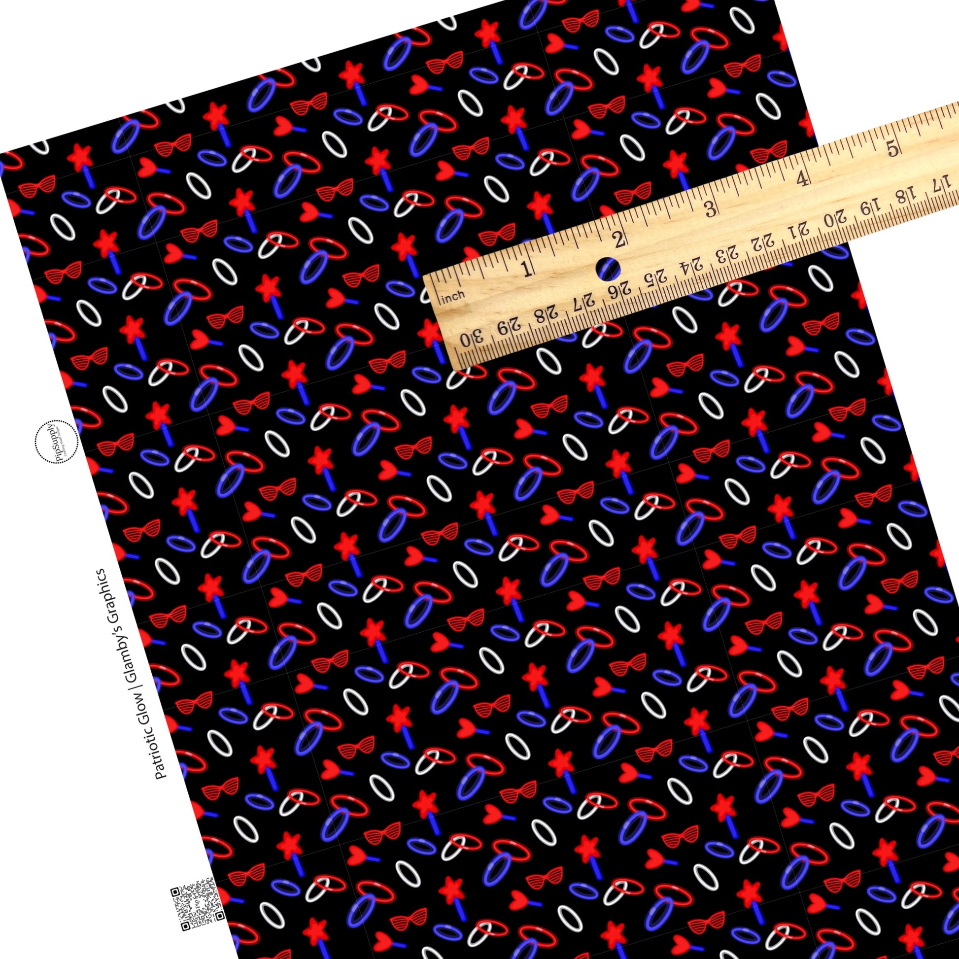 These 4th of July faux leather sheets contain the following design elements: red, white, and blue glow sticks on black. Our CPSIA compliant faux leather sheets or rolls can be used for all types of crafting projects.