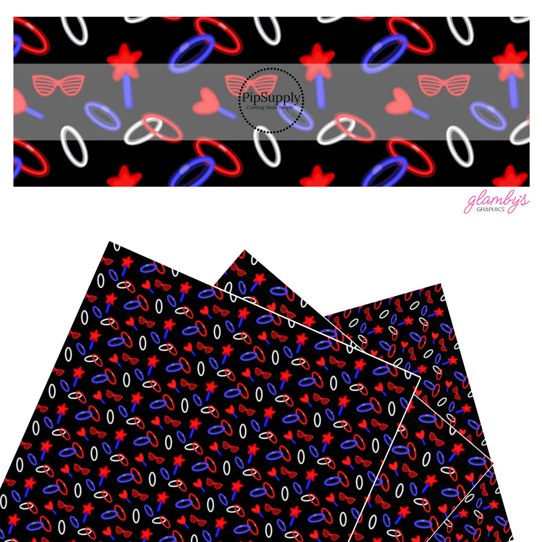 These 4th of July faux leather sheets contain the following design elements: red, white, and blue glow sticks on black. Our CPSIA compliant faux leather sheets or rolls can be used for all types of crafting projects.