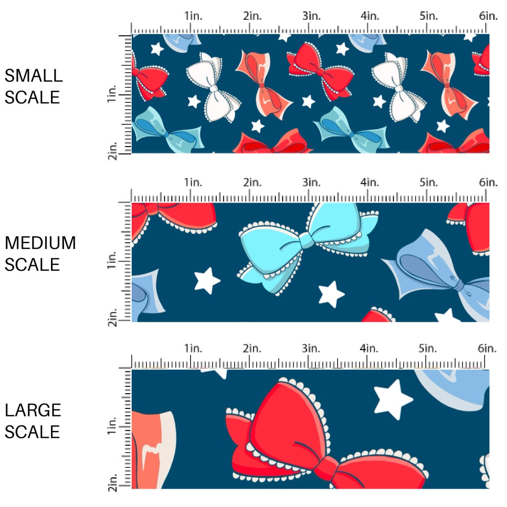 This scale chart of small scale, medium scale, and large scale of this 4th of July fabric by the yard features red, white, and blue bows on dark blue. This fun patriotic themed fabric can be used for all your sewing and crafting needs!
