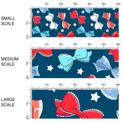 This scale chart of small scale, medium scale, and large scale of this 4th of July fabric by the yard features red, white, and blue bows on dark blue. This fun patriotic themed fabric can be used for all your sewing and crafting needs!