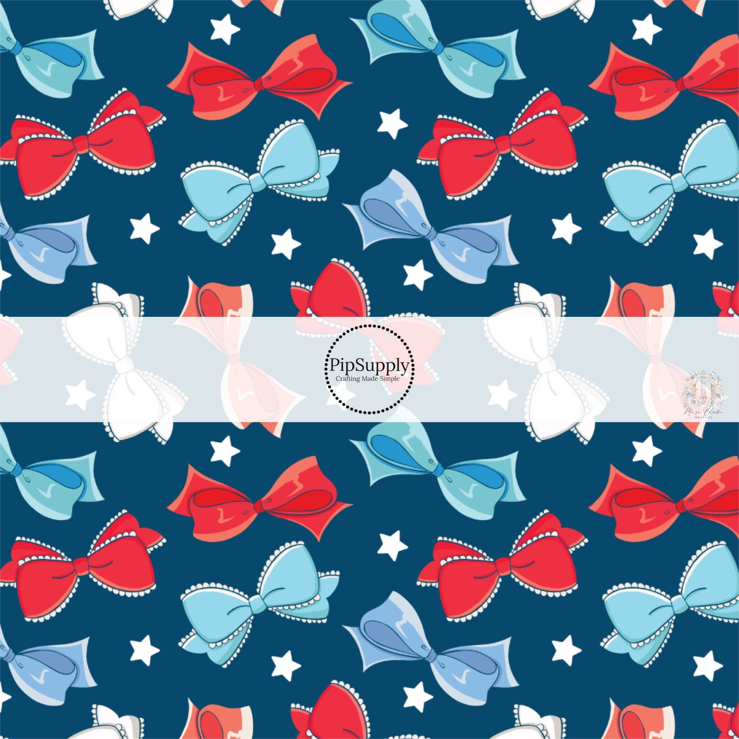 This 4th of July fabric by the yard features red, white, and blue bows on dark blue. This fun patriotic themed fabric can be used for all your sewing and crafting needs!