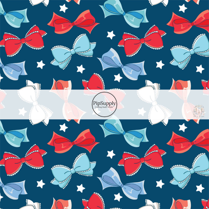 This 4th of July fabric by the yard features red, white, and blue bows on dark blue. This fun patriotic themed fabric can be used for all your sewing and crafting needs!