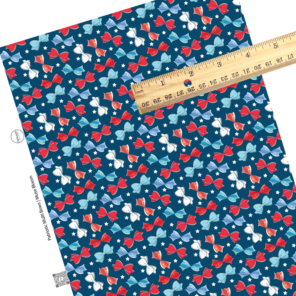 These 4th of July faux leather sheets contain the following design elements: red, white, and blue bows on dark blue. Our CPSIA compliant faux leather sheets or rolls can be used for all types of crafting projects.