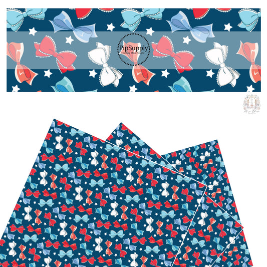 These 4th of July faux leather sheets contain the following design elements: red, white, and blue bows on dark blue. Our CPSIA compliant faux leather sheets or rolls can be used for all types of crafting projects.