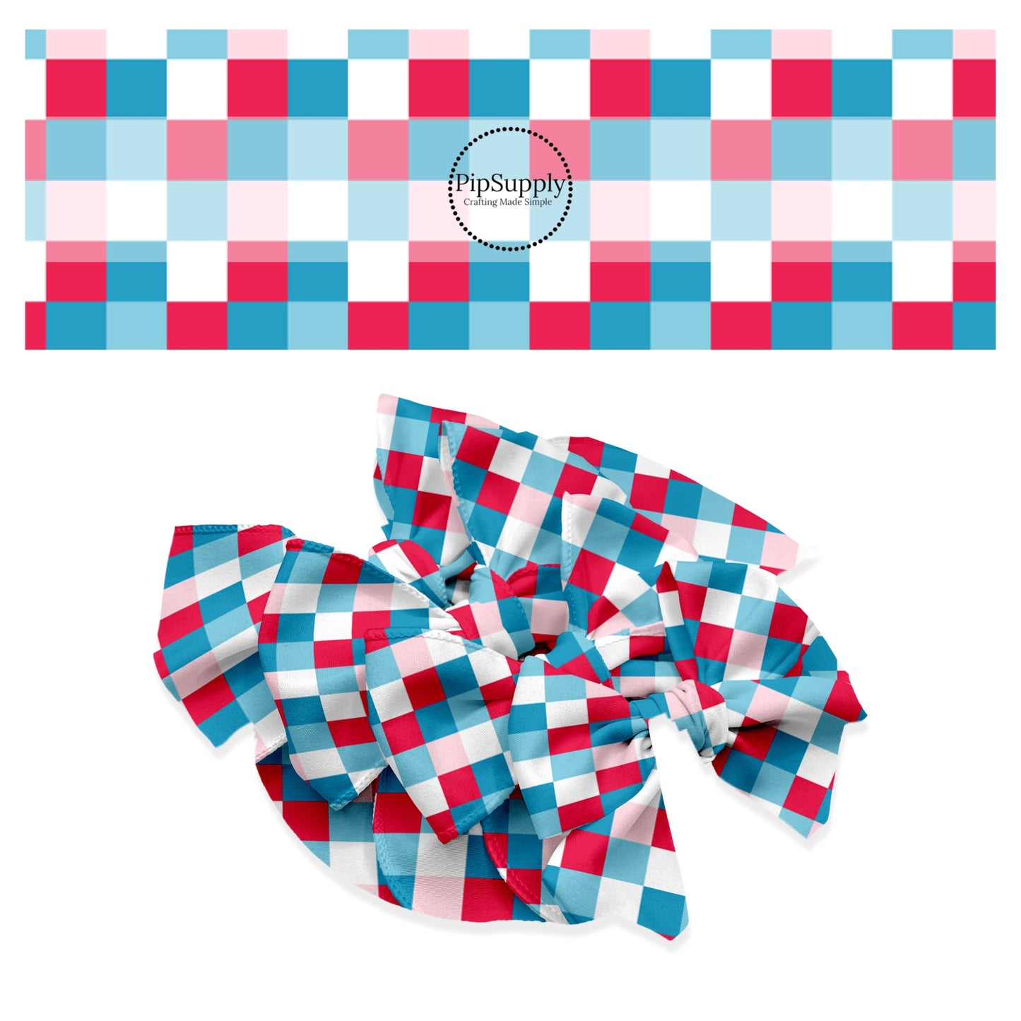 These 4th of July themed no sew bow strips can be easily tied and attached to a clip for a finished hair bow. These patterned bow strips are great for personal use or to sell. These bow strips features patriotic red, white, pink, and blue checkered pattern.