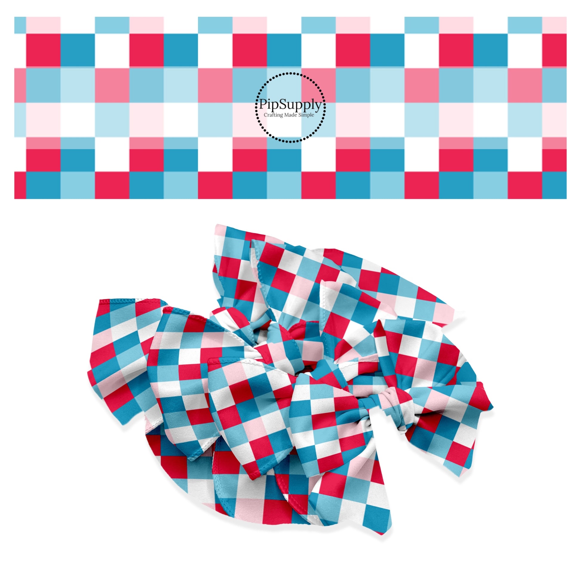 These 4th of July themed no sew bow strips can be easily tied and attached to a clip for a finished hair bow. These patterned bow strips are great for personal use or to sell. These bow strips features patriotic red, white, pink, and blue checkered pattern.