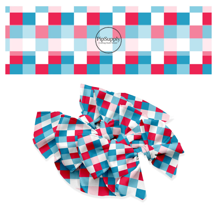 These 4th of July themed no sew bow strips can be easily tied and attached to a clip for a finished hair bow. These patterned bow strips are great for personal use or to sell. These bow strips features patriotic red, white, pink, and blue checkered pattern.