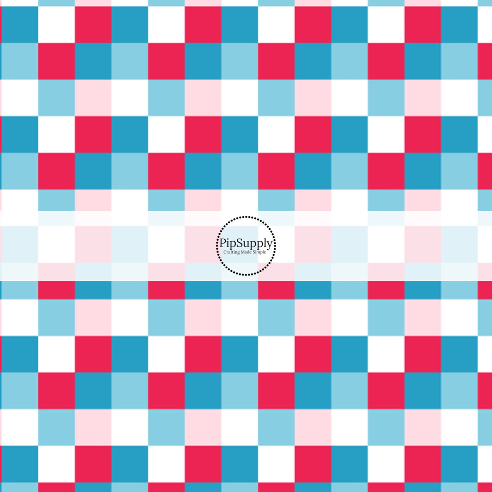 These 4th of July themed no sew bow strips can be easily tied and attached to a clip for a finished hair bow. These patterned bow strips are great for personal use or to sell. These bow strips features patriotic red, white, pink, and blue checkered pattern.