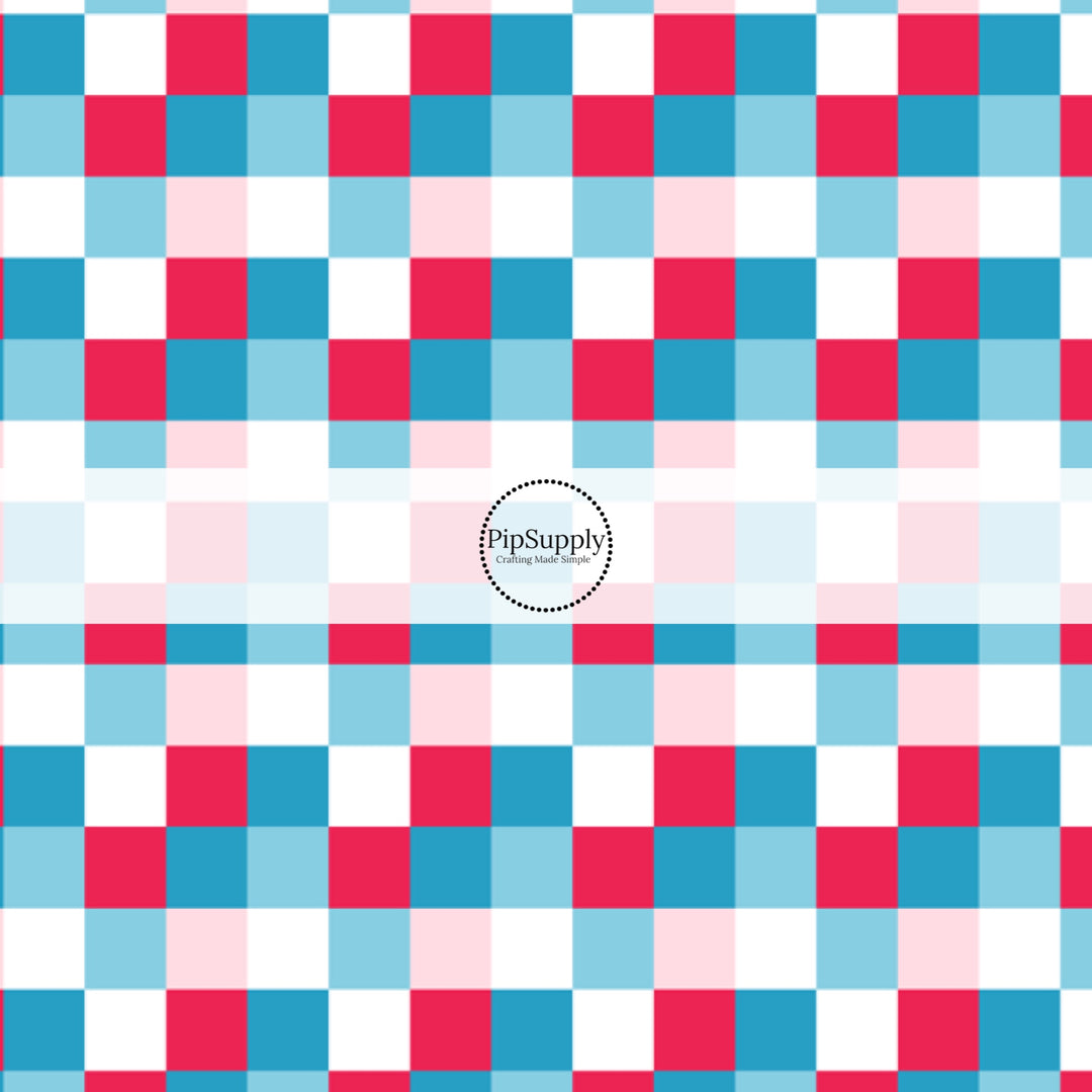 These 4th of July themed no sew bow strips can be easily tied and attached to a clip for a finished hair bow. These patterned bow strips are great for personal use or to sell. These bow strips features patriotic red, white, pink, and blue checkered pattern.