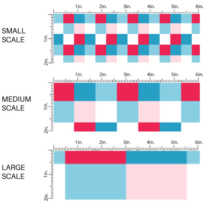 This scale chart of small scale, medium scale, and large scale of this 4th of July fabric by the yard features patriotic red, white, pink, and blue checkered pattern. This fun patriotic themed fabric can be used for all your sewing and crafting needs!