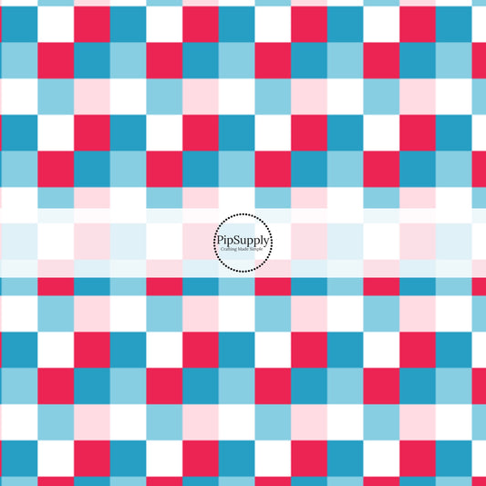 This 4th of July fabric by the yard features patriotic red, white, pink, and blue checkered pattern. This fun patriotic themed fabric can be used for all your sewing and crafting needs!