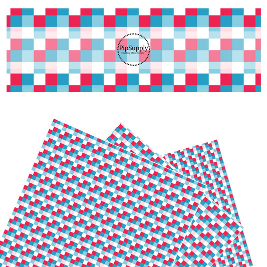 These 4th of July faux leather sheets contain the following design elements: red, white, pink, and blue checkered pattern. Our CPSIA compliant faux leather sheets or rolls can be used for all types of crafting projects.