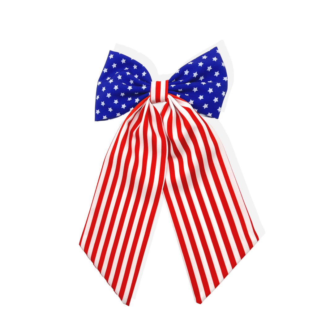 Patriotic Stars & Stripes Long Tail Hair Tied Bow w/ Clip