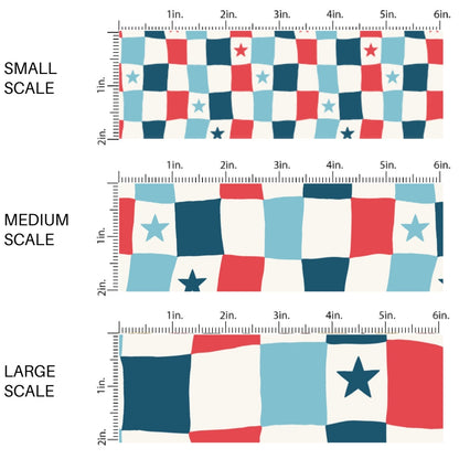 This scale chart of small scale, medium scale, and large scale of this 4th of July fabric by the yard features patriotic red, white, and blue checkered pattern with stars. This fun patriotic themed fabric can be used for all your sewing and crafting needs!