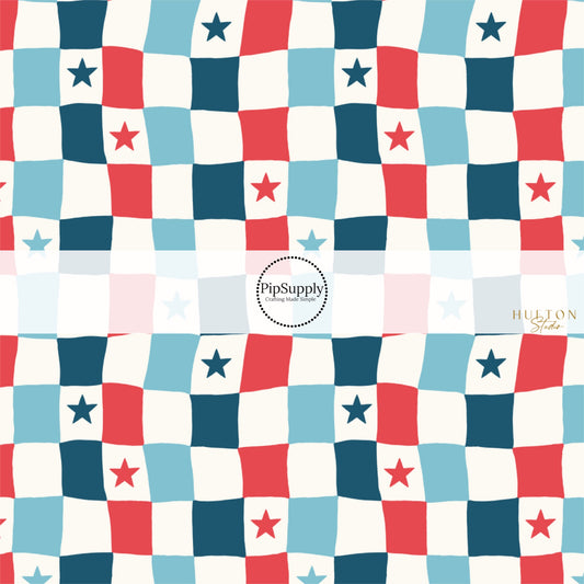 This 4th of July fabric by the yard features patriotic red, white, and blue checkered pattern with stars. This fun patriotic themed fabric can be used for all your sewing and crafting needs!