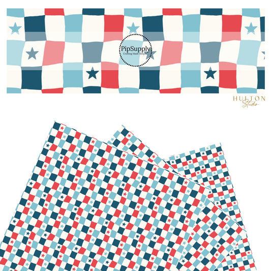 These 4th of July faux leather sheets contain the following design elements: red, white, and blue checkered pattern with stars. Our CPSIA compliant faux leather sheets or rolls can be used for all types of crafting projects.