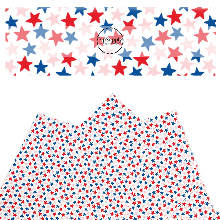 These patriotic faux leather sheets contain the following design elements: blue, pink, and red stars. Our CPSIA compliant faux leather sheets or rolls can be used for all types of crafting projects.