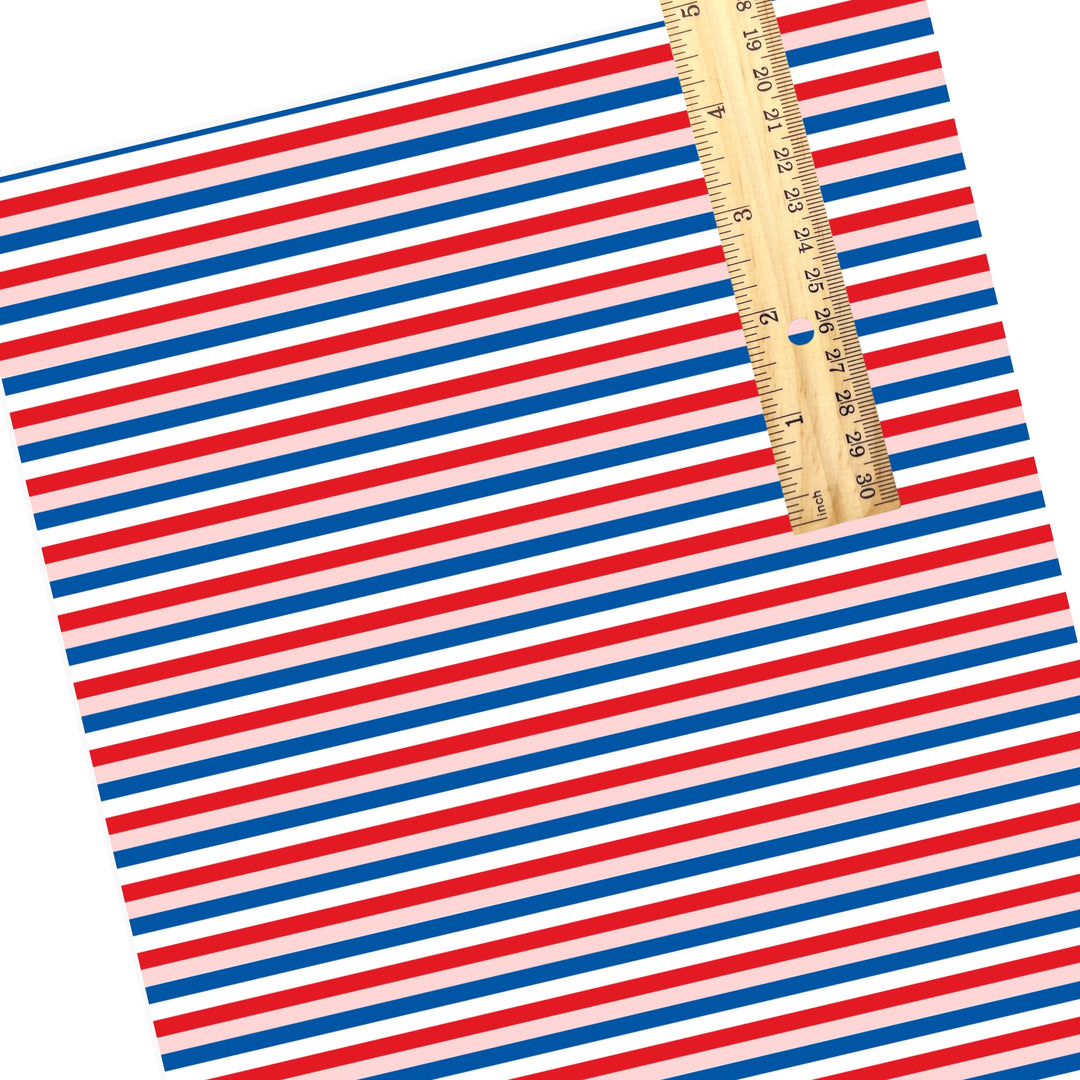 These patriotic faux leather sheets contain the following design elements: blue, pink, and red stripes. Our CPSIA compliant faux leather sheets or rolls can be used for all types of crafting projects.