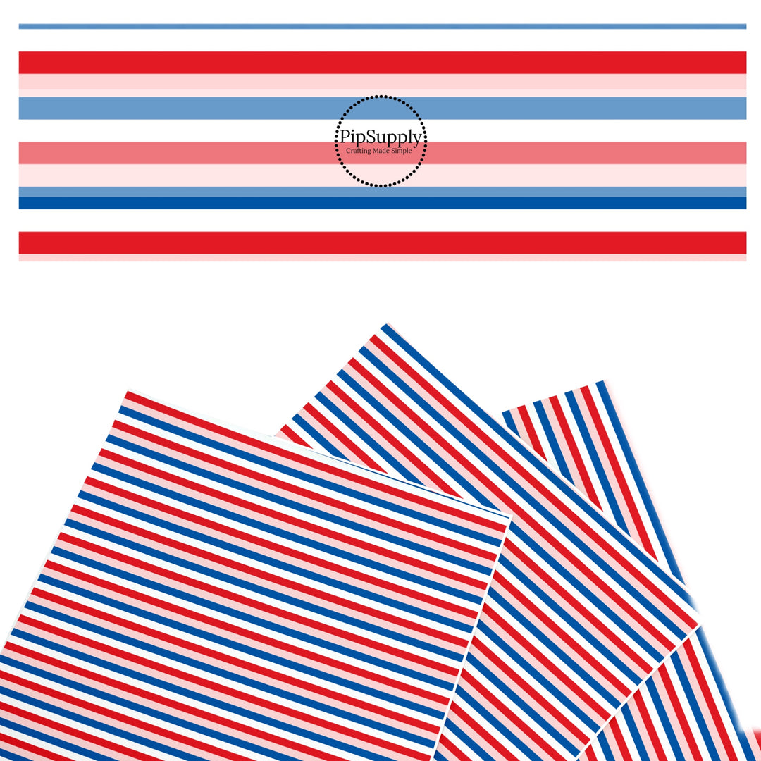 These patriotic faux leather sheets contain the following design elements: blue, pink, and red stripes. Our CPSIA compliant faux leather sheets or rolls can be used for all types of crafting projects.