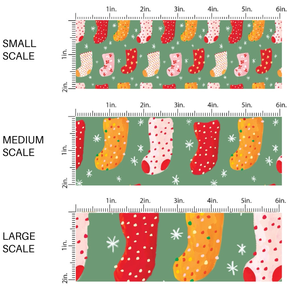 These Christmas themed pattern fabric by the yard features the following design elements: colorful Christmas stockings on green. This fun themed fabric can be used for all your sewing and crafting needs!