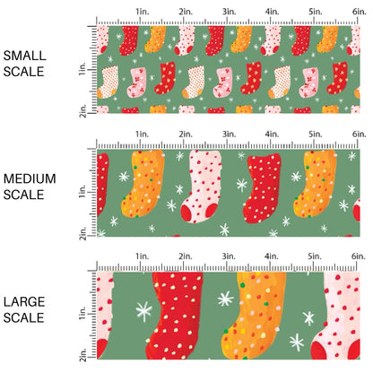 These Christmas themed pattern fabric by the yard features the following design elements: colorful Christmas stockings on green. This fun themed fabric can be used for all your sewing and crafting needs!