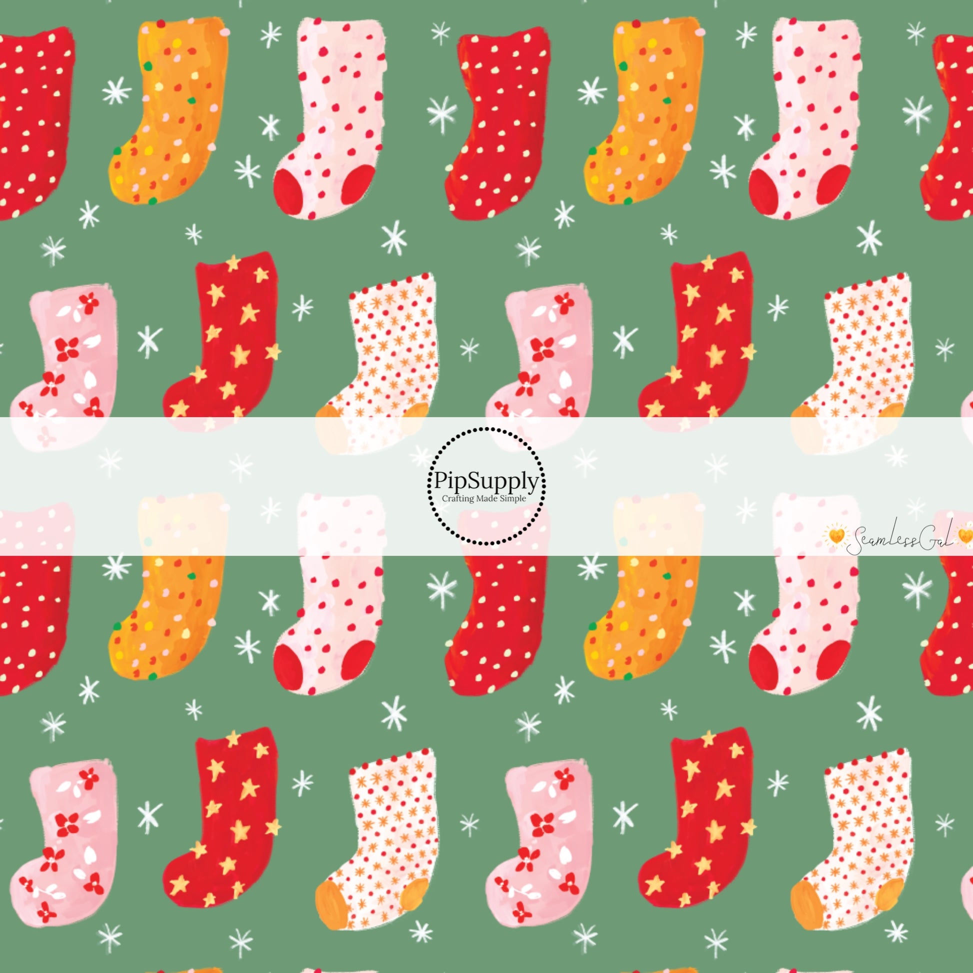 These Christmas themed pattern fabric by the yard features the following design elements: colorful Christmas stockings on green. This fun themed fabric can be used for all your sewing and crafting needs!