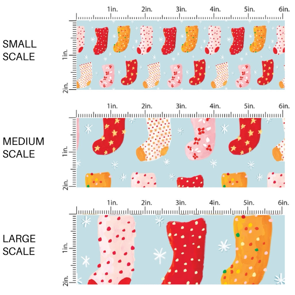 These Christmas themed pattern fabric by the yard features the following design elements: colorful Christmas stockings on blue. This fun themed fabric can be used for all your sewing and crafting needs!
