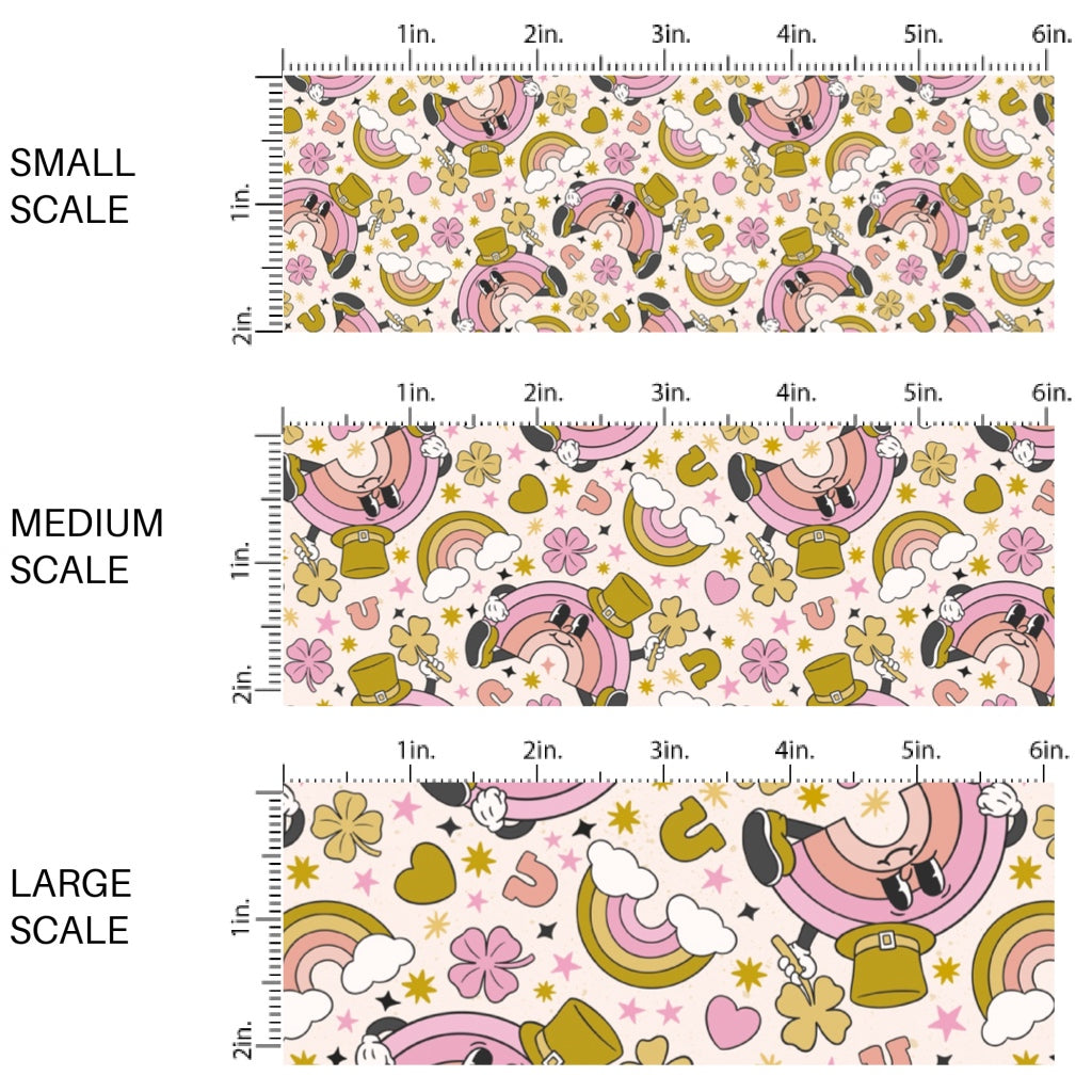 This holiday fabric by the yard features smiling rainbows and charms. This festive pattern fabric can be used for all your sewing and crafting needs!