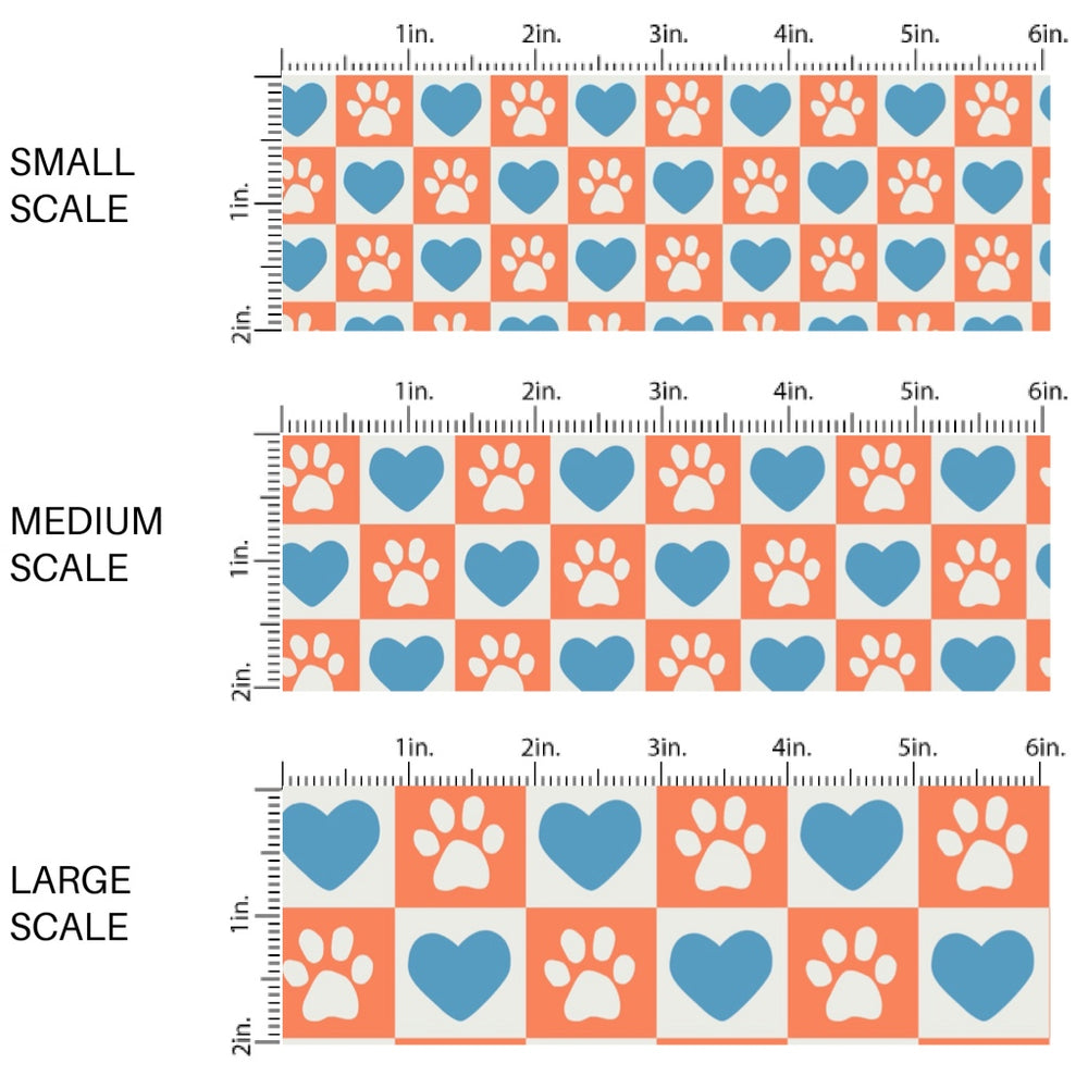 This holiday fabric by the yard features blue hearts and dog paws on orange and cream checkers. This festive pattern fabric can be used for all your sewing and crafting needs!