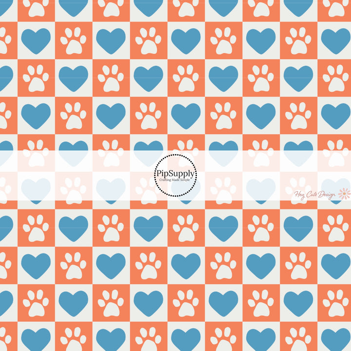 This holiday fabric by the yard features blue hearts and dog paws on orange and cream checkers. This festive pattern fabric can be used for all your sewing and crafting needs!